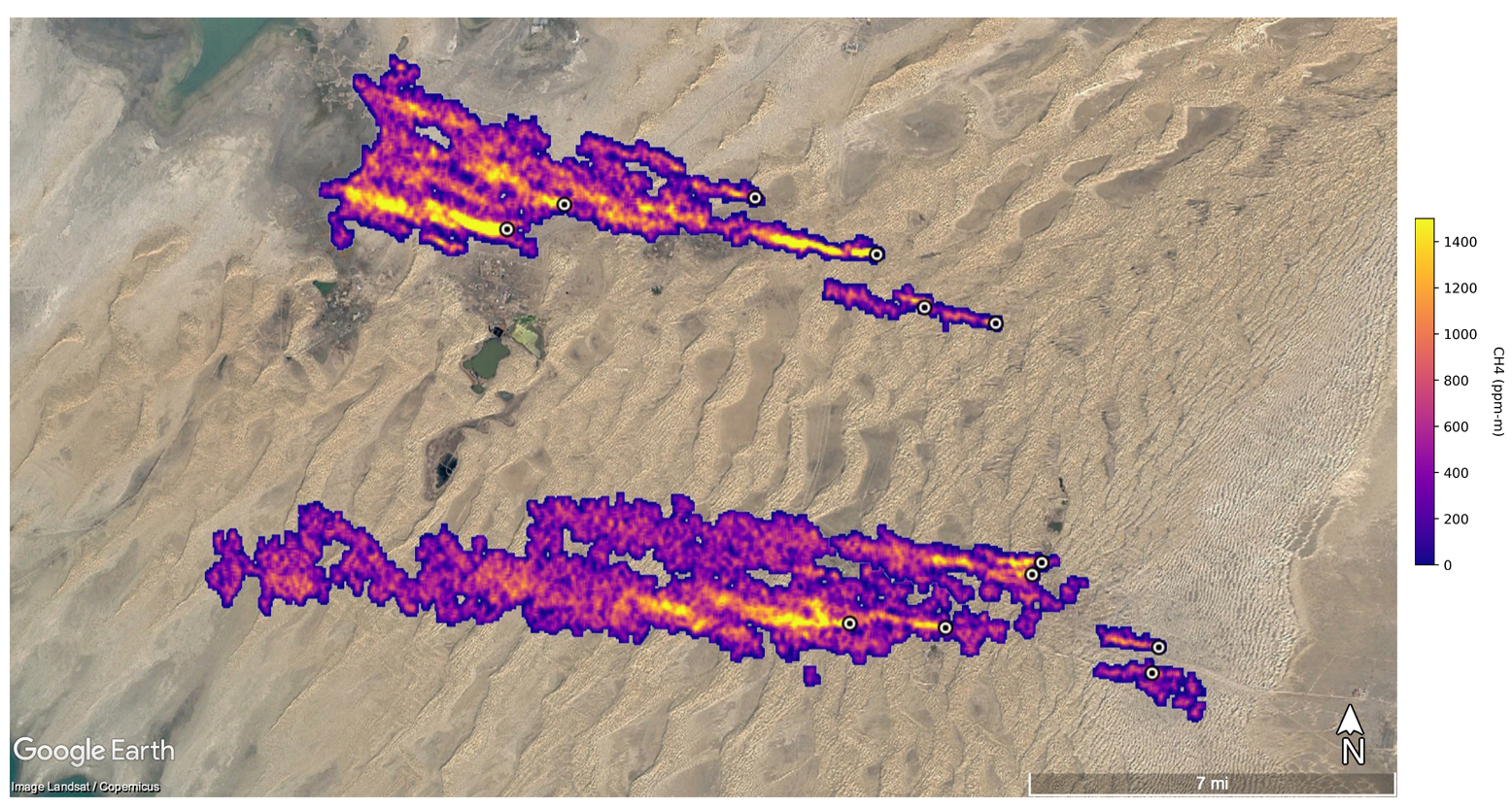 Twelve plumes of methane stream westward east of Hazar, Turkmenistan, a port city on the Caspian Sea. The plumes were detected by NASA’s Earth Surface Mineral Dust Source Investigation mission, and some of them stretch for more than 20 miles (32 kilometers).