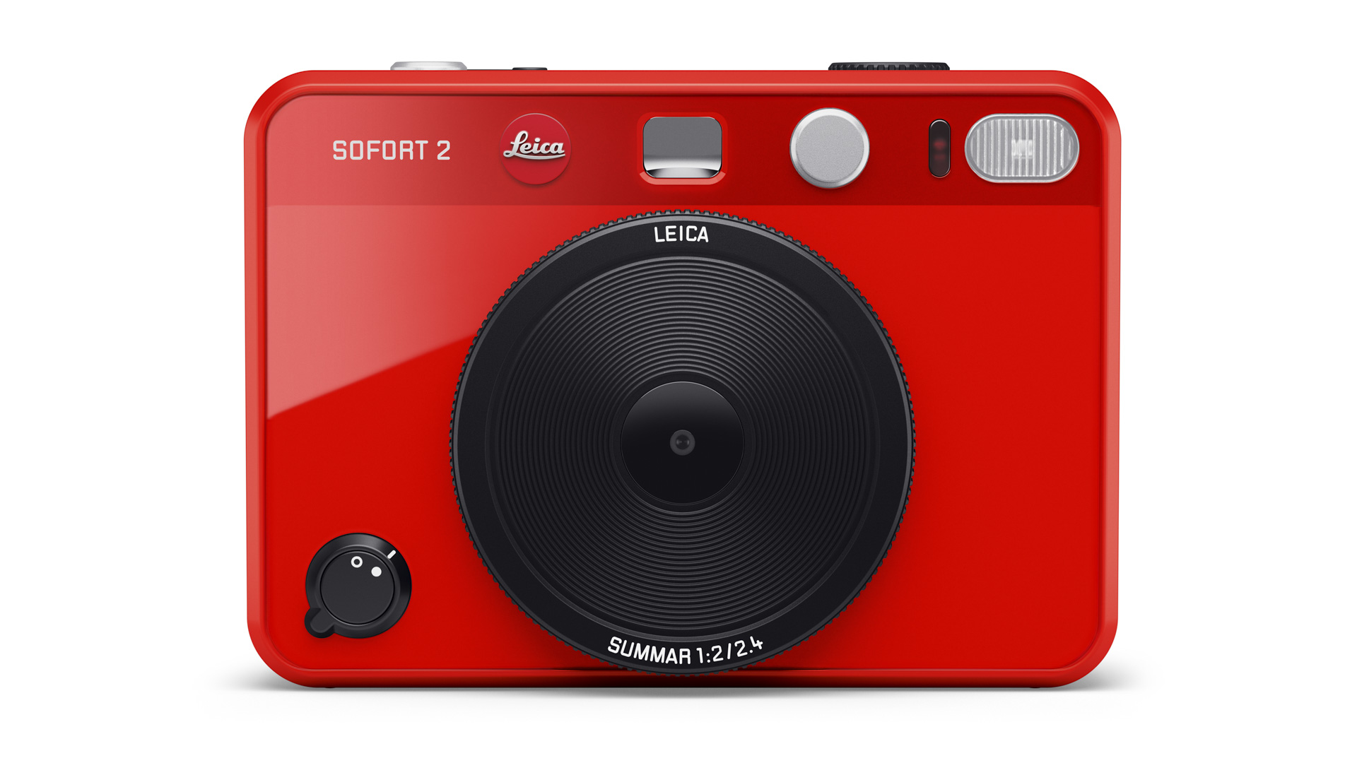 Leica Sofort 2 instant camera in red, on a white background