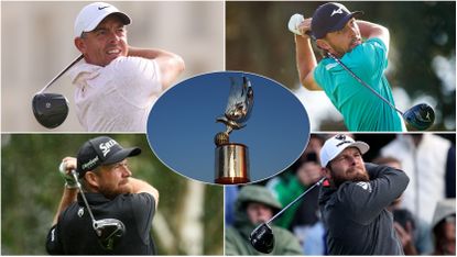 The Abu Dhabi HSBC Championship trophy with four golfers around it