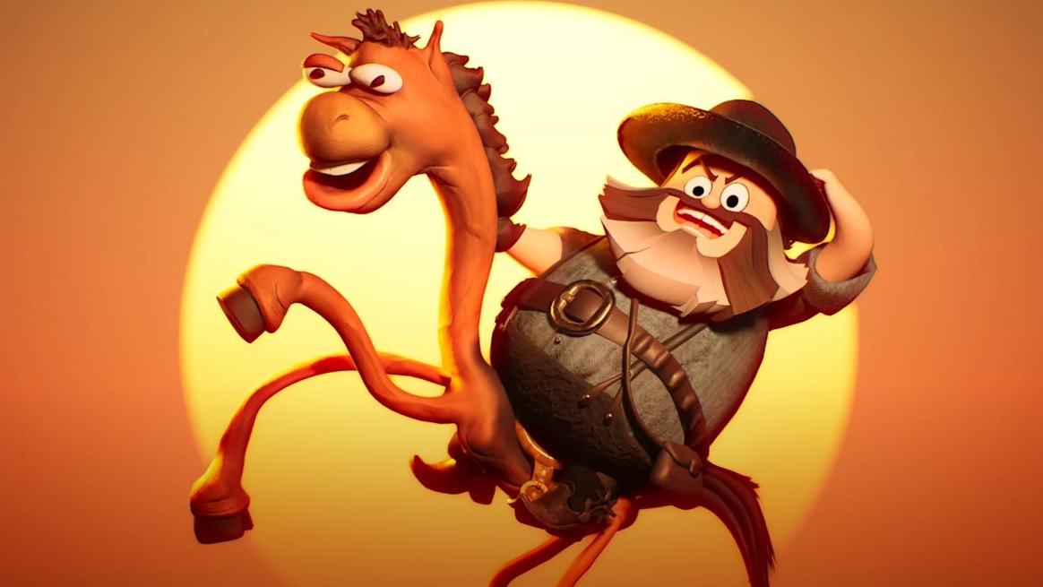 Animated Jack Black dressed as a cowboy and riding a horse from the music video &#039;Video Games&#039;.