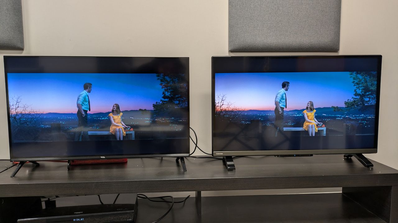 TCL S5400 and Toshiba 32LF2F53DB with La La Land on screen in Movie picture mode