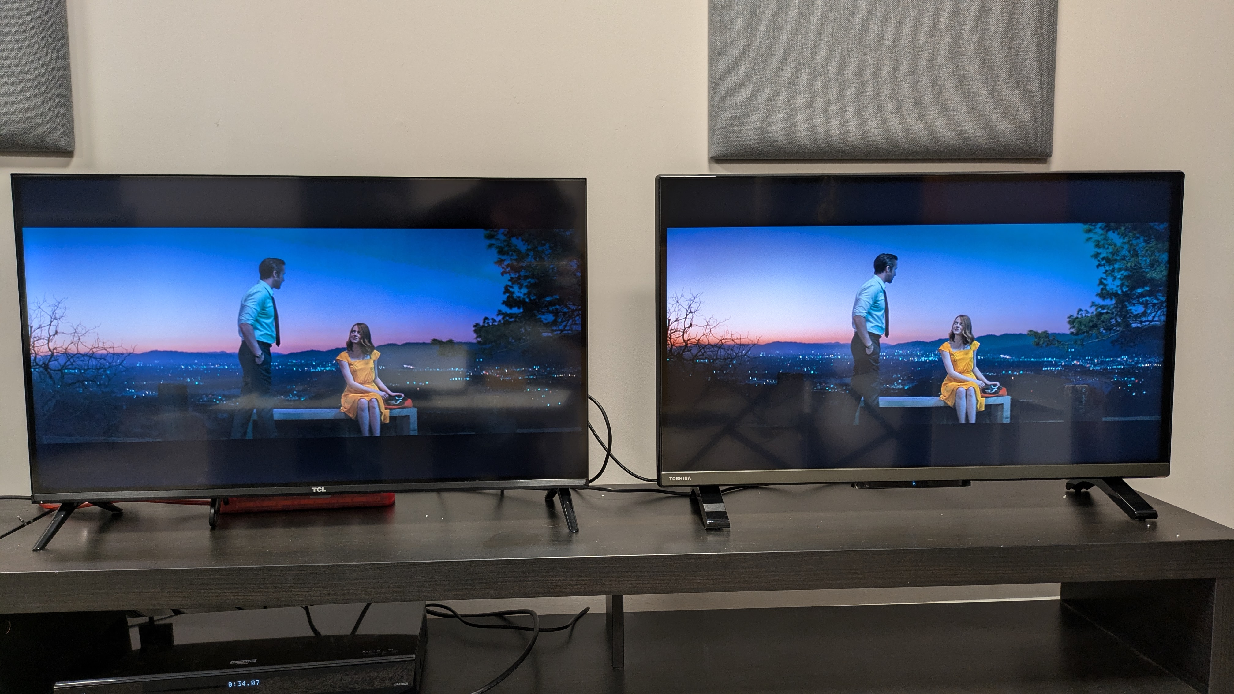 TCL S5400 and Toshiba 32LF2F53DB with La La Land on screen in Movie picture mode 