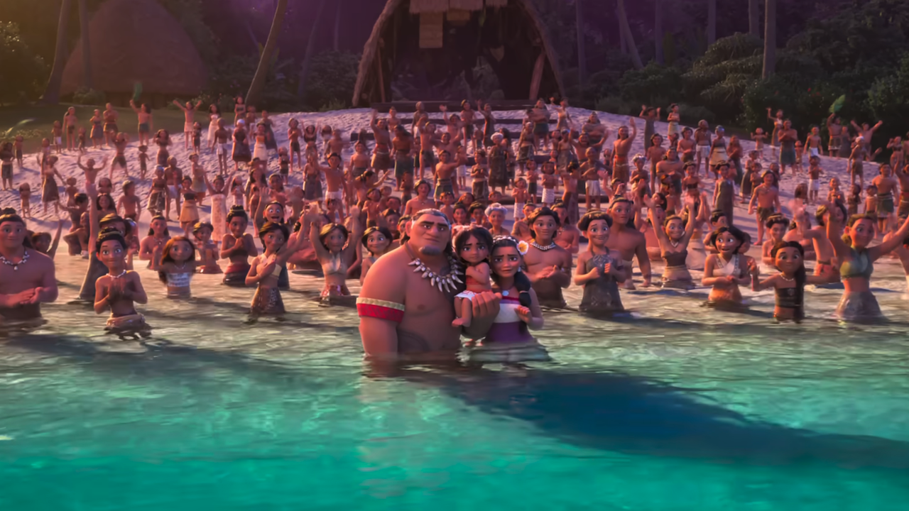 moana's family all looking forward at the beach in Moana 2