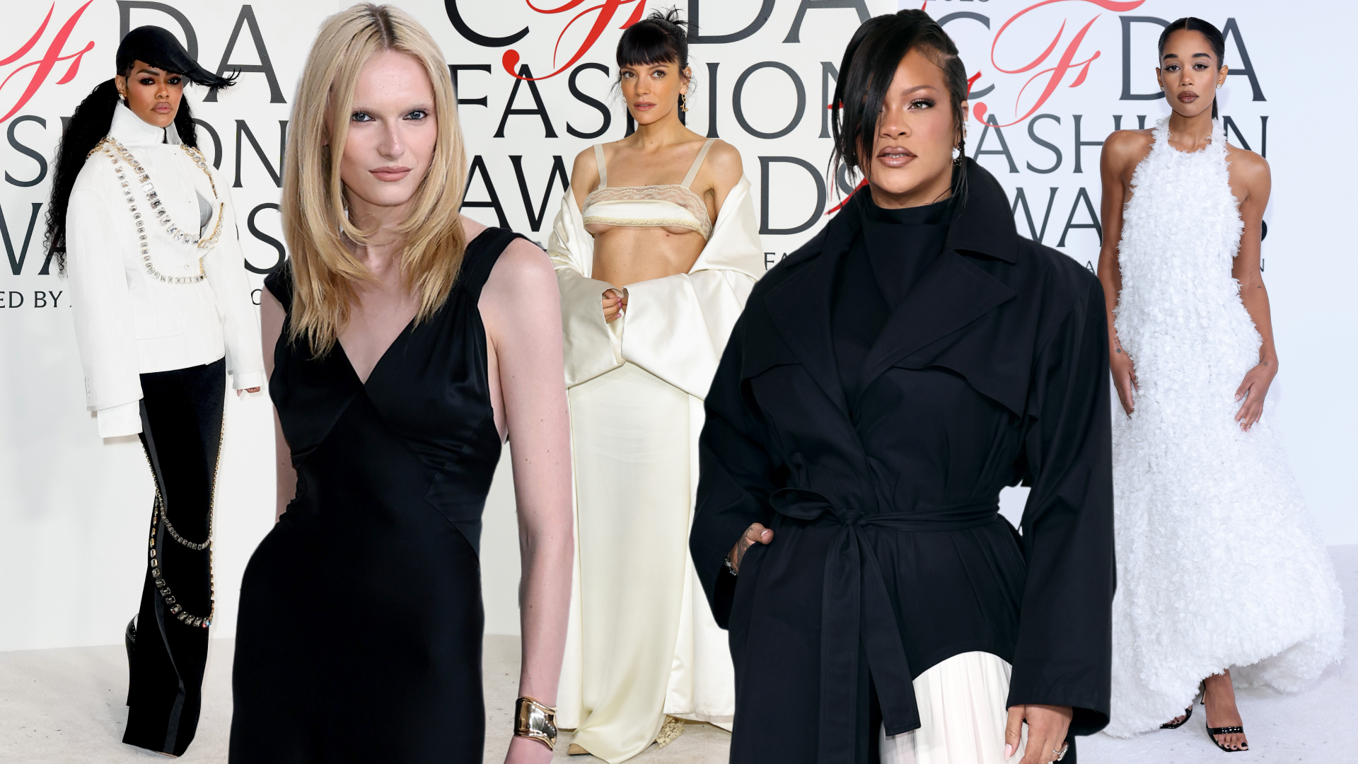 five celebrities wearing red carpet dresses at the 2025 cfda awards
