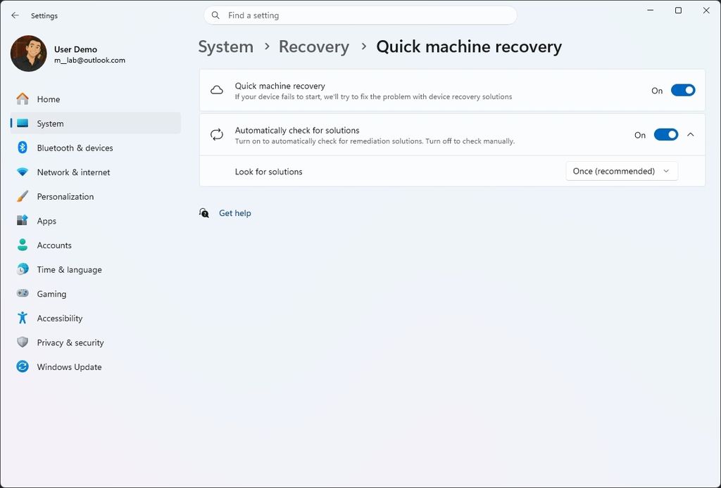 Quick Machine Recovery for Windows 11 Pro
