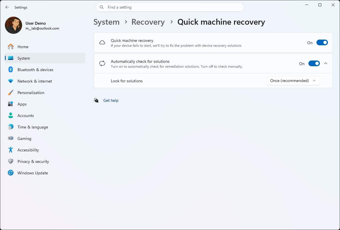 Quick Machine Recovery for Windows 11 Pro