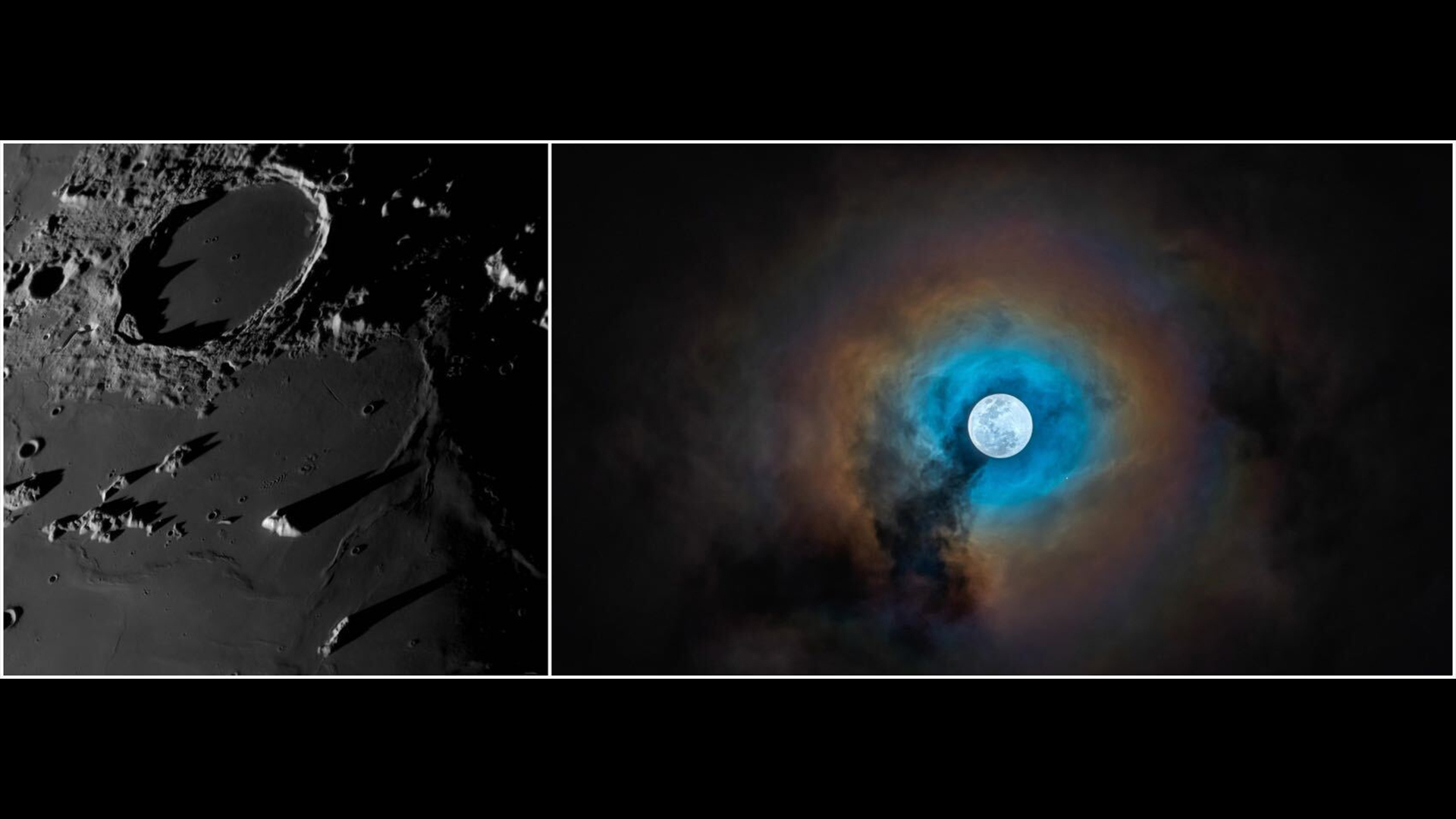 A photograph of a crater on the moon's surface; A photograph of the moon in a night sky surrounded by a rainbow auroa.