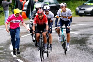 TIGNES FRANCE JULY 04 Michael Woods of Canada and Team Israel StartUp Nation Omar Fraile of Spain and Team Astana Premier Tech Nairo Quintana of Colombia and Team Arka Samsic during the 108th Tour de France 2021 Stage 9 a 1449km stage from Cluses to Tignes Monte de Tignes 2107m Public Fans LeTour TDF2021 on July 04 2021 in Tignes France Photo by Chris GraythenGetty Images