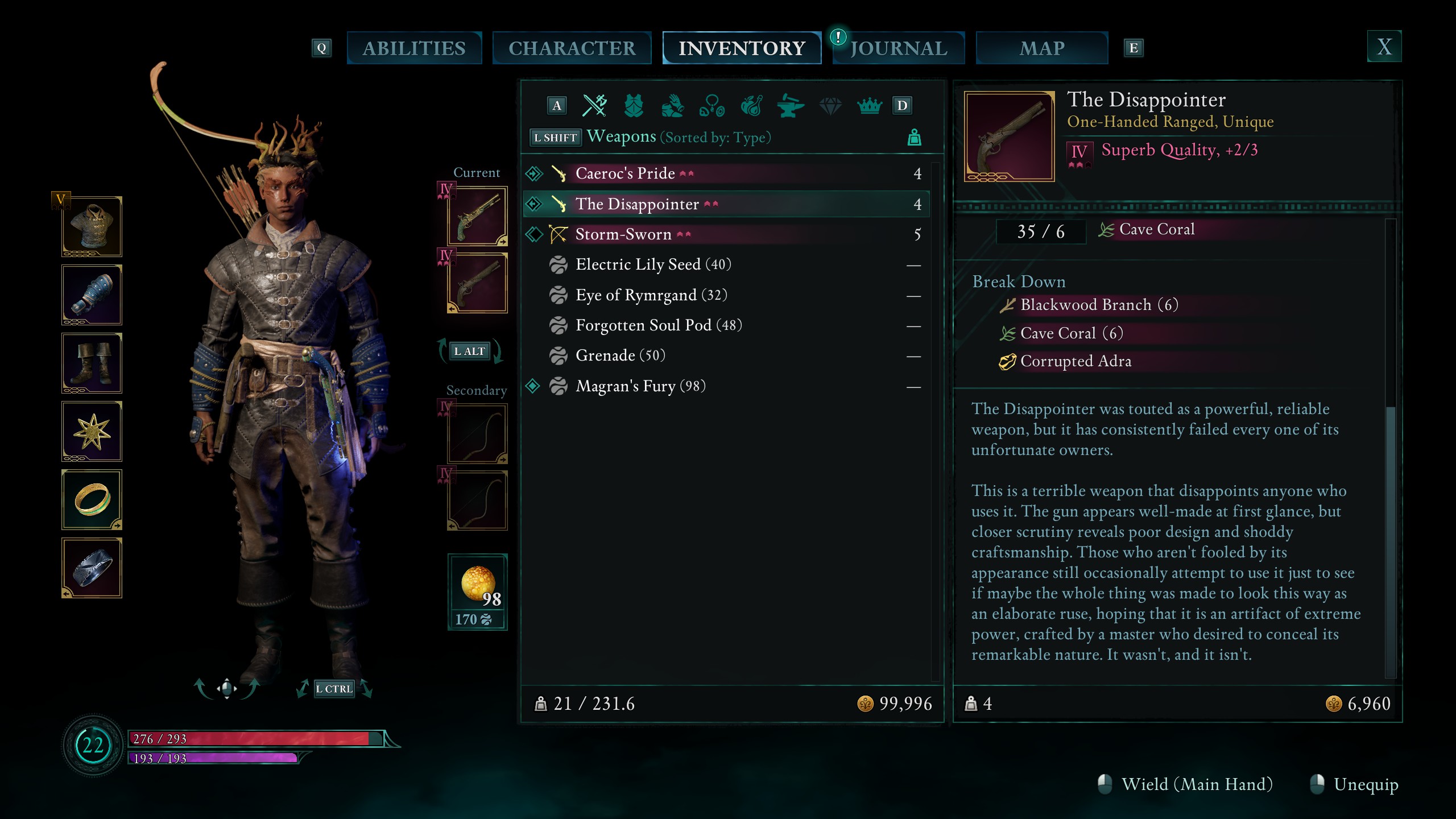 The Disappointer in Avowed inventory screen showing item description