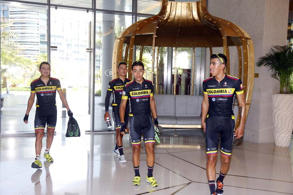 Team Colombia walk out of the hotel