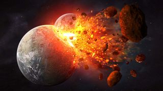 Hypothetical protoplanet Theia colliding with the early Earth about 4.5 billion years ago
