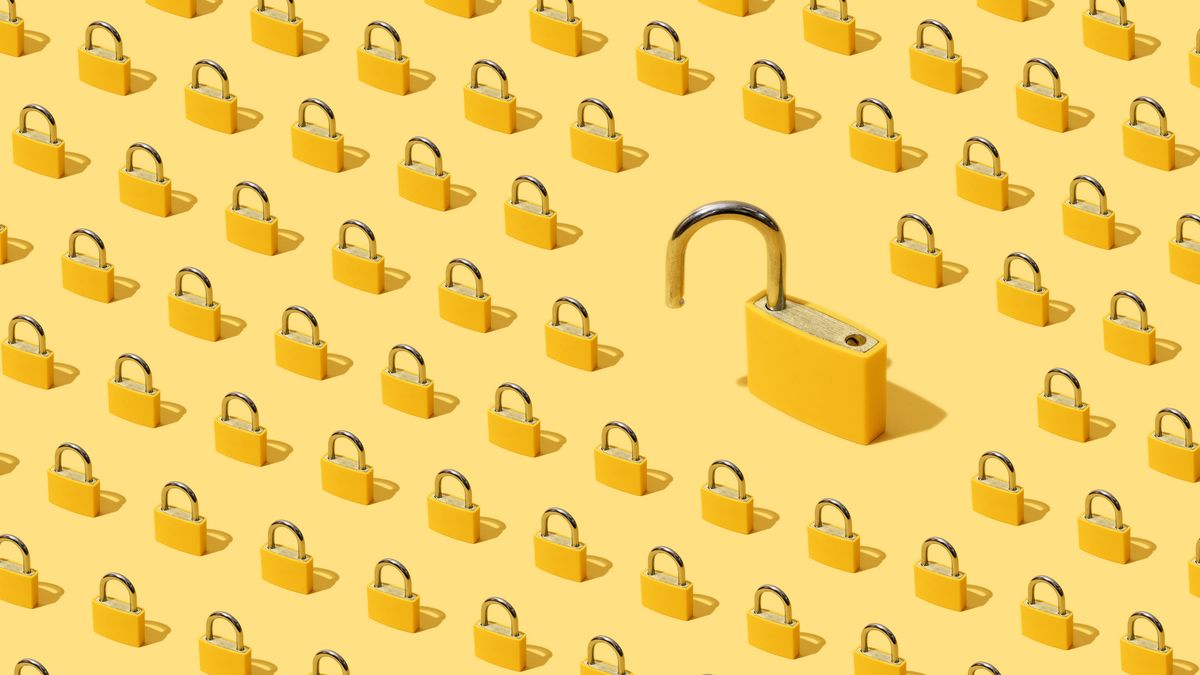 A 3D render of dozens of small locked yellow padlocks arranged around a large open padlock, all on a yellow background