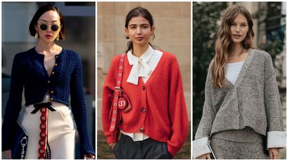 woman wearing navy cardigan, woman wearing red cardigan, woman wearing gray cardigan 