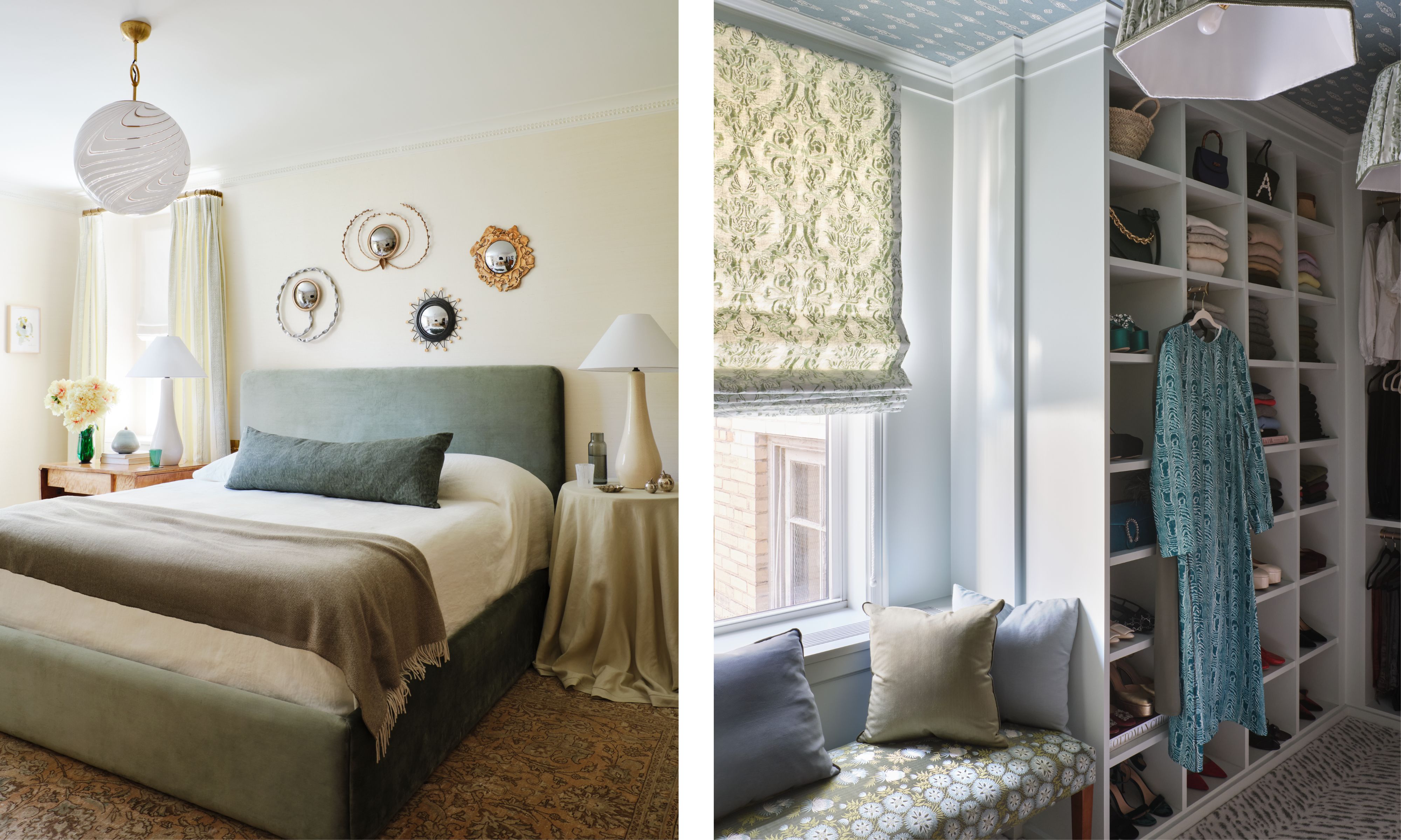 two side by side images of a vintage and soft neutral green grey primary suite and closet