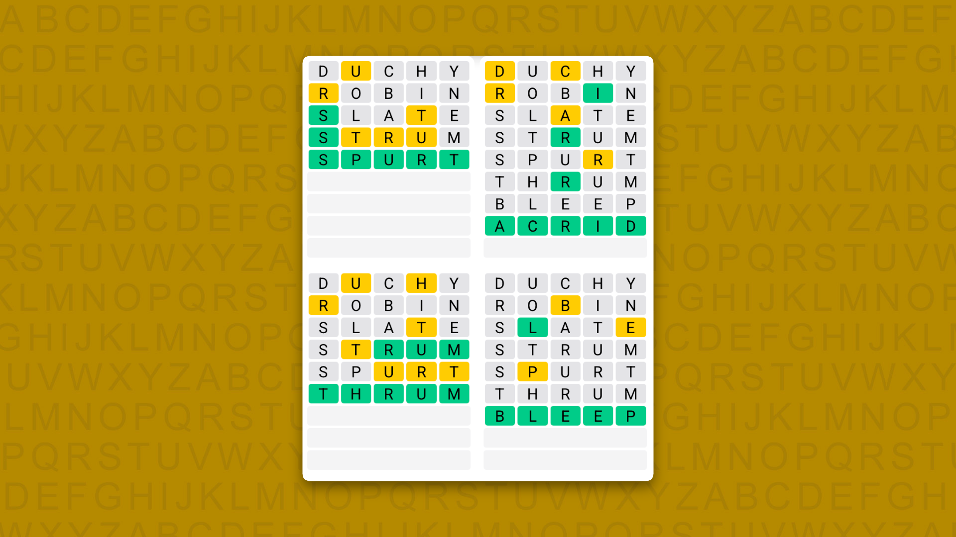Quordle answers for game 1637 on a yellow background
