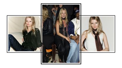 Kate Moss at a fashion show and a model wearing outfits inspired by the model
