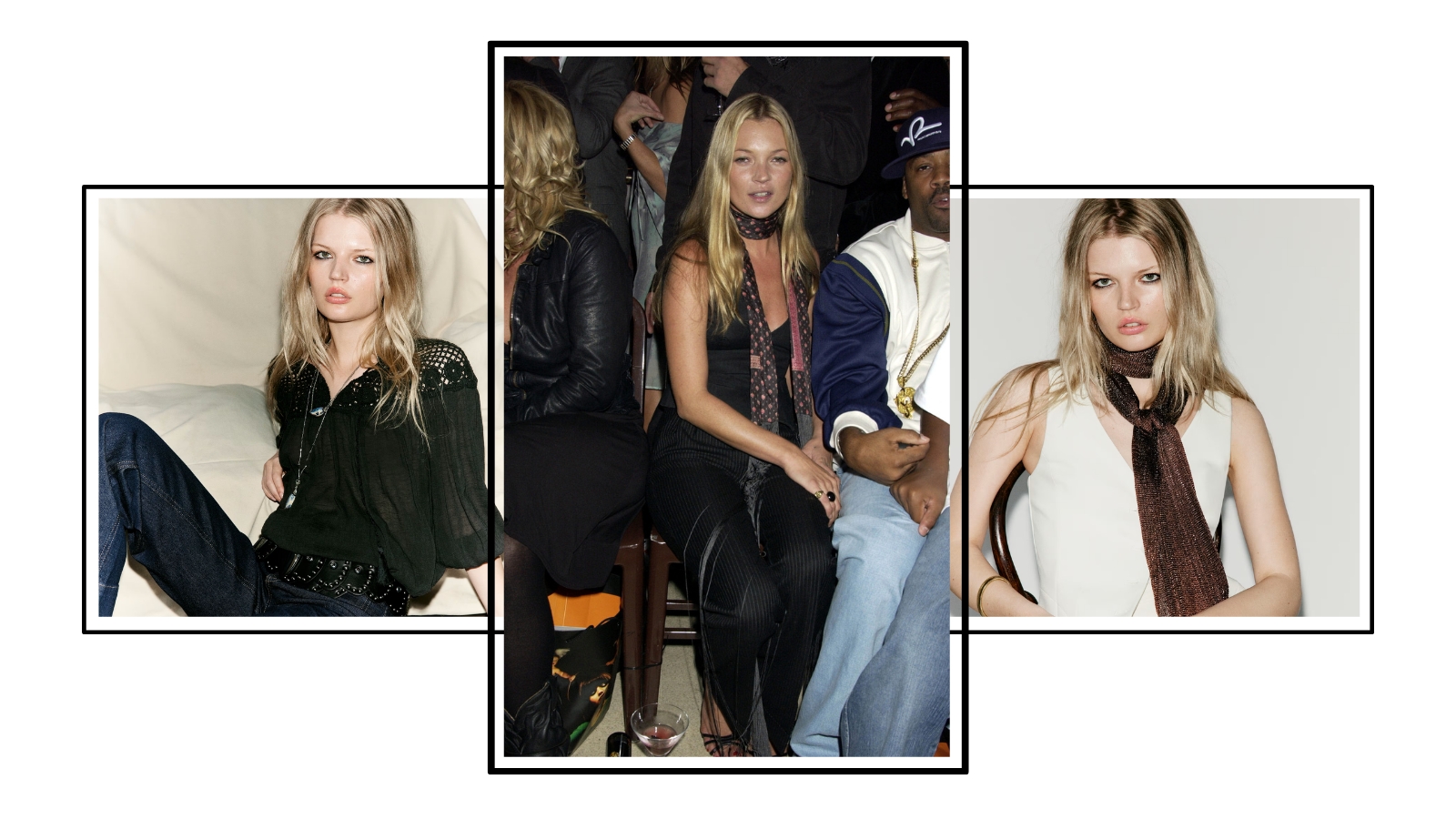 Kate Moss at a fashion show and a model wearing outfits inspired by the model