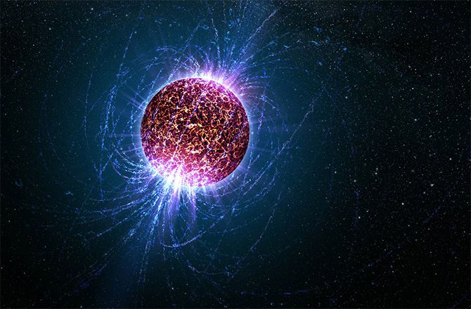 Artist’s impression of a pulsar, including the extreme magnetic field surrounding the dense stellar object.