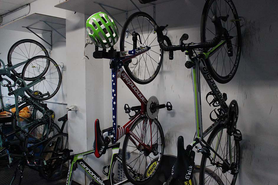 The Cannondale bikes hanging up at the training camp in Tenerife