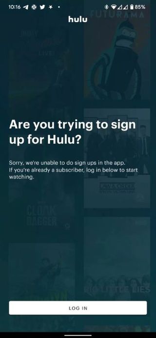 Hulu signup page on Android