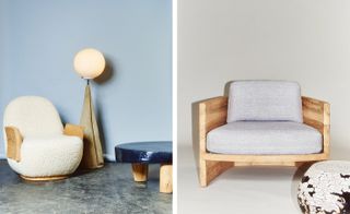 Two side-by side photos of pieces of furniture. In the first photo there is an off-white coloured woolly and wooden armchair, a floor lamp featuring a cone shaped base and sphere and a low blue and light wood table pictured against a blue background in a room with dark grey flooring. And in the second photo there is a light grey and wooden armchair and a black and white table with a crackle effect pictured against a light grey background