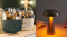 A split image showing a makeup organizer and a mushroom lamp.