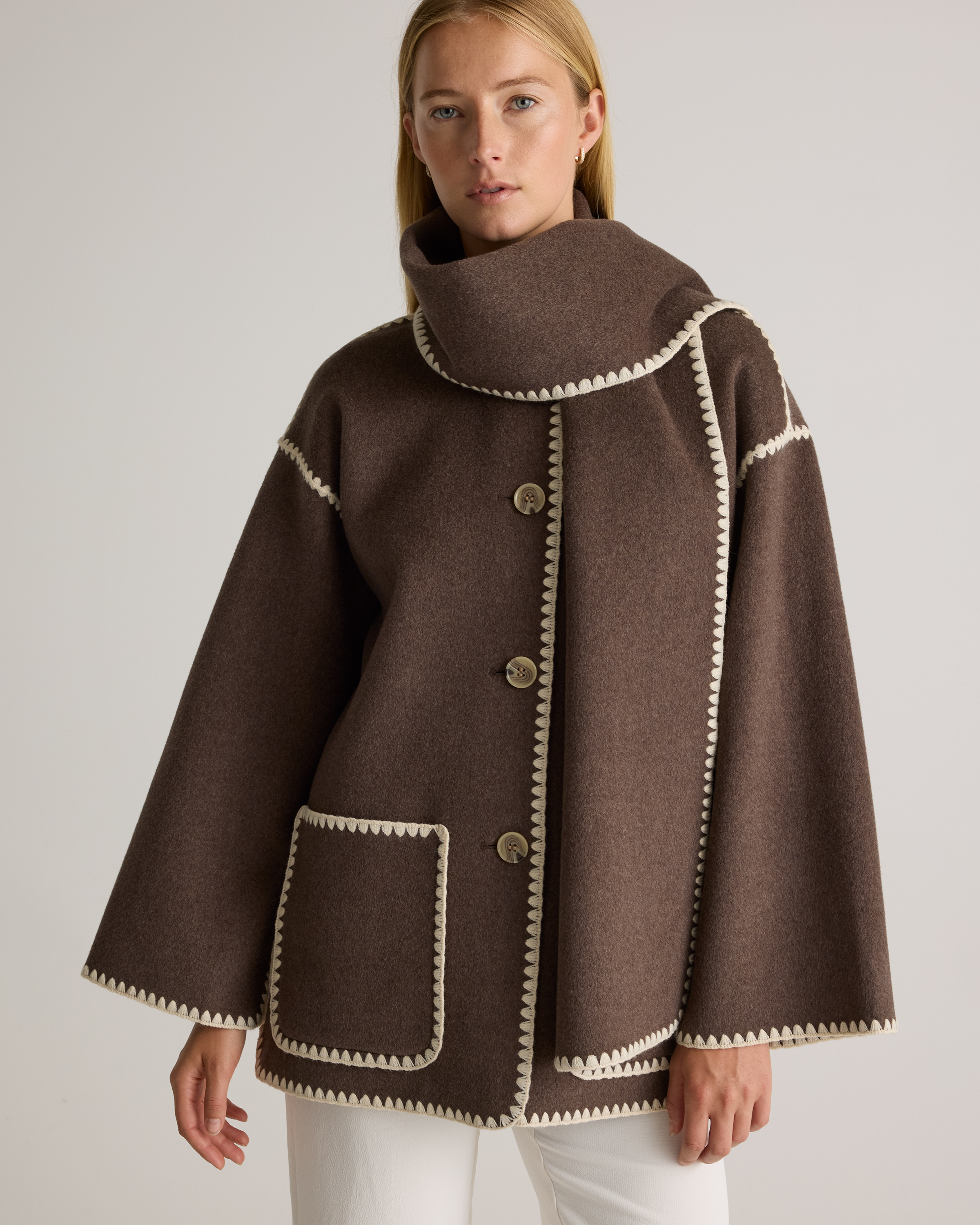 Double-Faced Merino Wool Scarf Coat in Oat