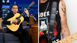 Left-Comedian Fred Armisen plays guitar during his interview on Friday, May 20, 2022; Right-Fred Armisen's Guide To Guitar Chords guitar strap