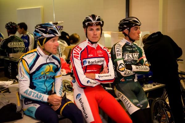 Levi Leipheimer, Daryl Impey and Matthew Busche wait pre-ride.
