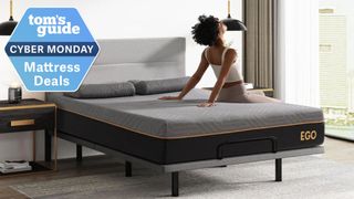A young woman with black, curly hair relaxes on the EGOHOME Black 12" Hybrid Mattress. A Cyber Monday Mattress Deals badge is seen in the top left foreground. 