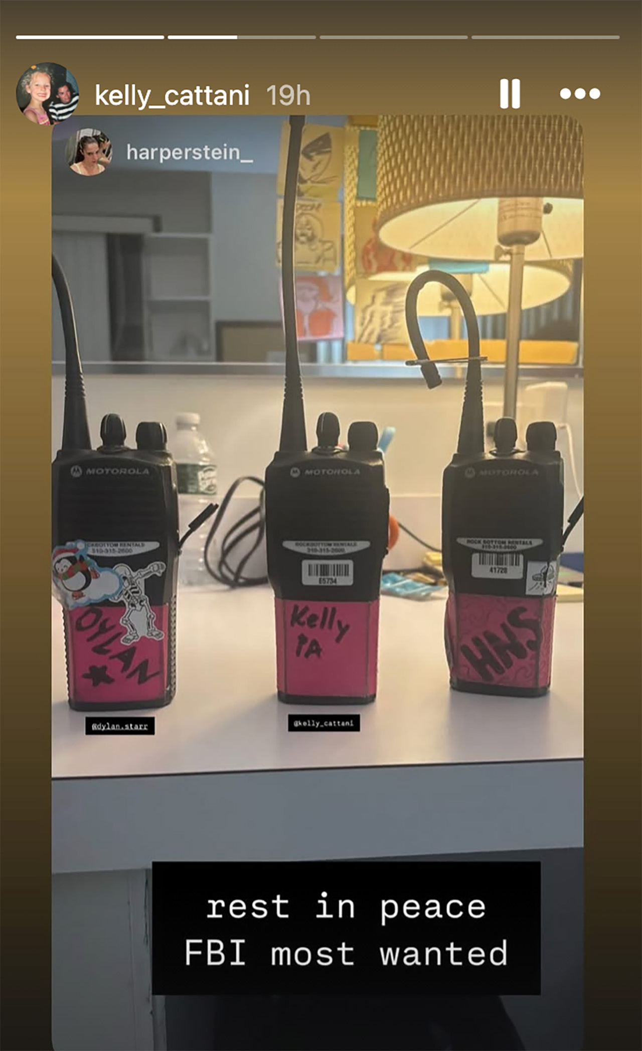 Kelly Cattan reposting story involving walkie talkies on Instagram.