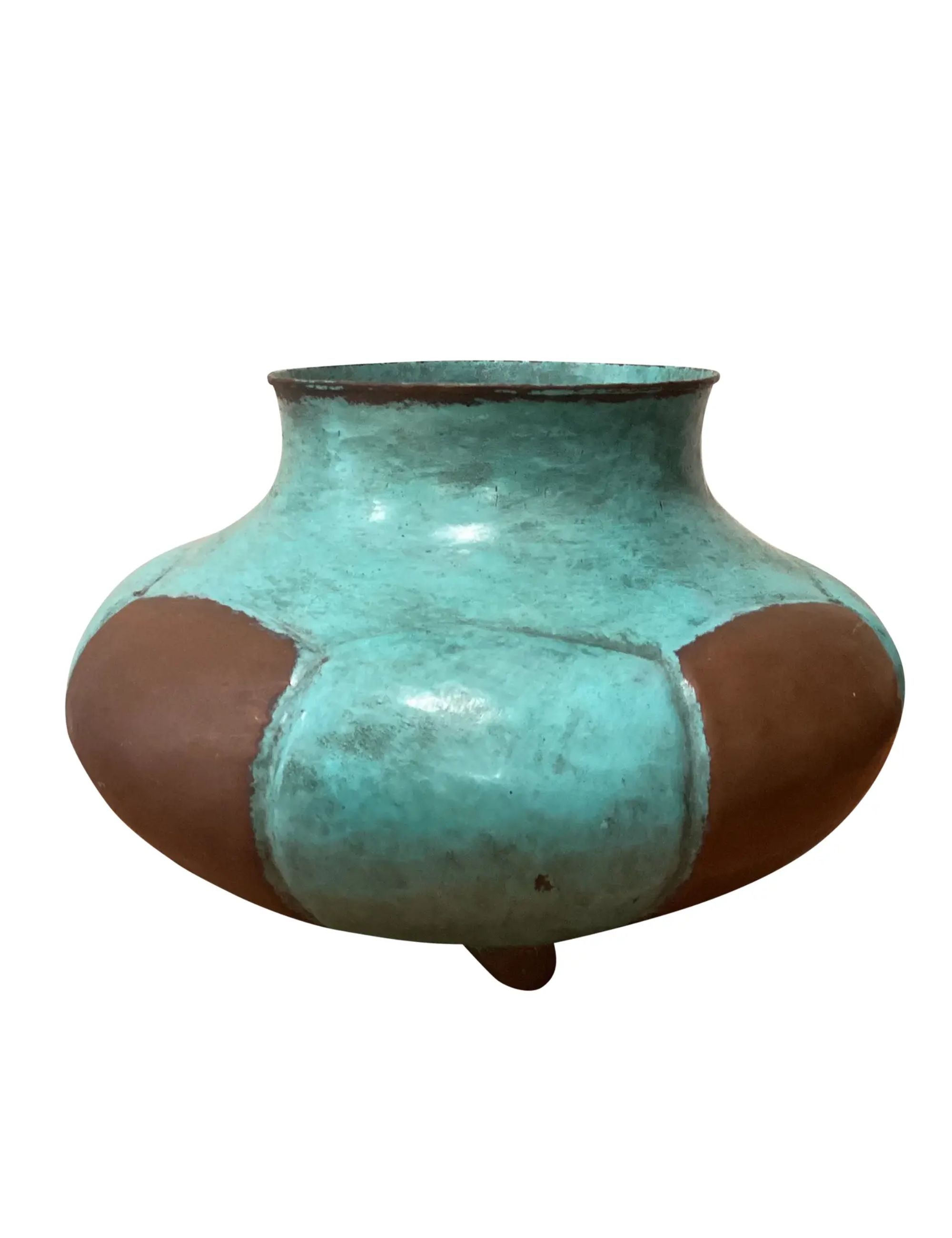 Mid Century Modern Oxidized Copper Vase on Three Feet