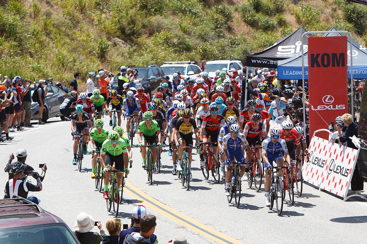 The peloton passes over a KOM during the stage