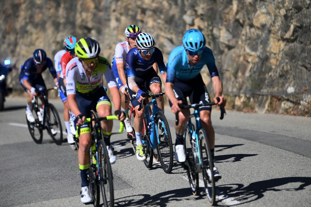 COL DE LA COUILLOLE FRANCE MARCH 11 Gregor Mhlberger of Austria and Movistar Team competes in the breakaway during the 81st Paris Nice 2023 Stage 7 a 1429km stage from Nice to La Col de la Couillole 1676m UCIWT ParisNice on March 11 2023 in La Col de la Couillole France Photo by Alex BroadwayGetty Images
