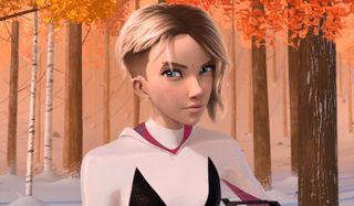 Spider-Man: Into The Spider-Verse Spider-Gwen unhooded, with a look of question