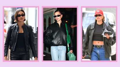 Hailey Bieber leather jacket outfits: Hailey pictured wearing three leather jackets in a purple, three-picture template