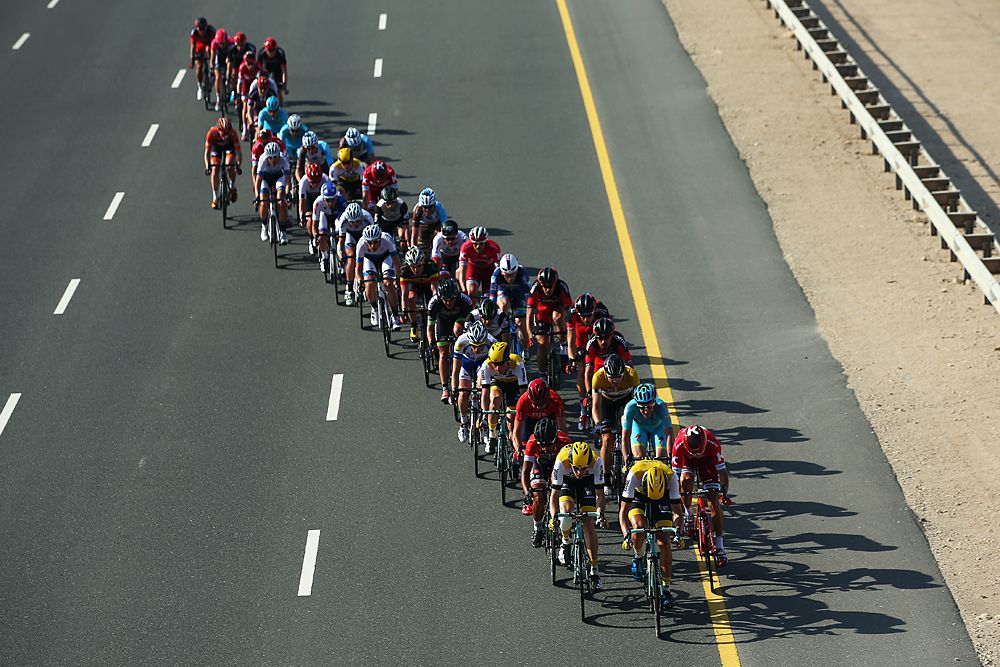 The peloton lined out on stage 4 of Tour of Qatar