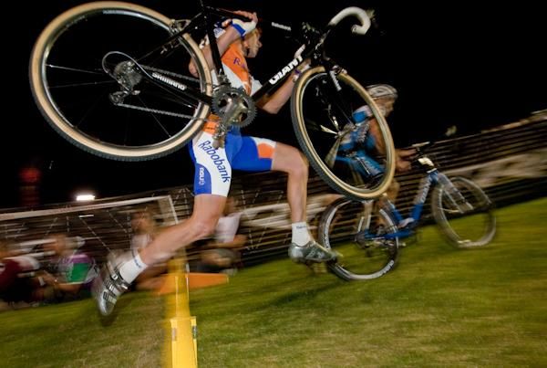 Bram de Groot (Rabobank) flies over the barriers.