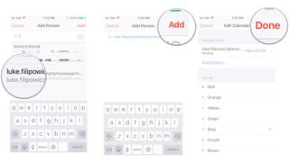 Share an iCloud calendar on iPhone and iPad by showing: Tap the person, tap Add, tap Done