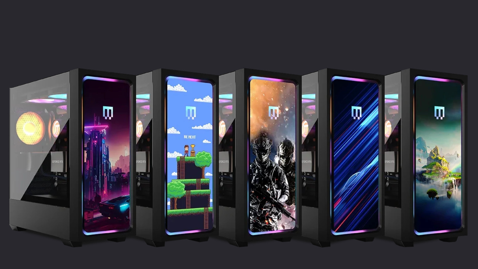 Maingear custom built PCs in a row with different front panels