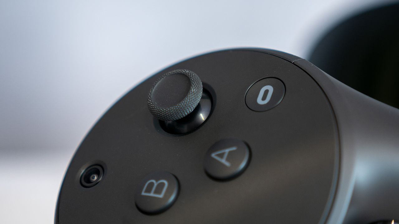 A close-up of the buttons and joystick texture on the Quest Touch Pro controllers for the Meta Quest Pro and Meta Quest 2