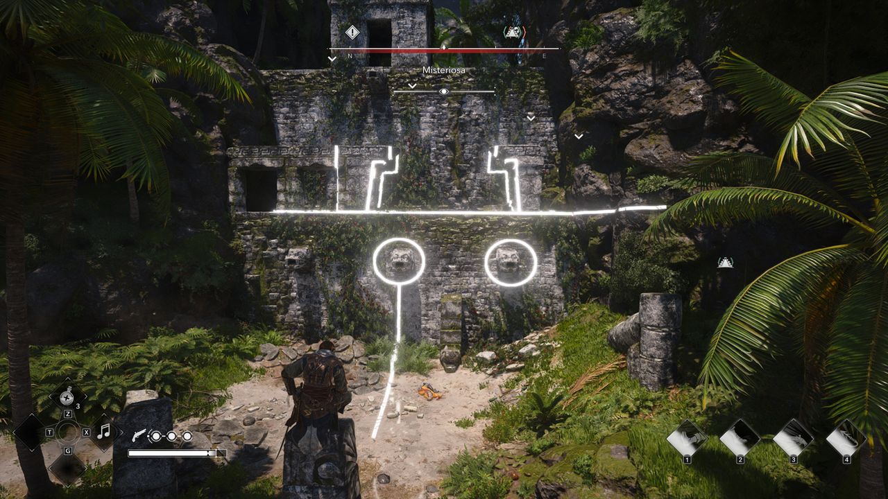Black Flag Mayan stones: Edward crouched on top of the stele solving the puzzle in the ruin wall ahead.