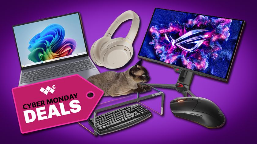 A Lenovo laptop, Sony headphones, a cat keyboard cover, a gaming mouse, and a gaming monitor.