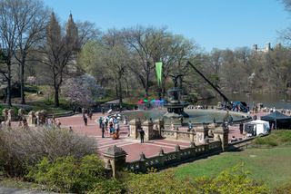 A film crew filming "The Gilded Age" is seen around the Bethesda Fountain, Central Park.