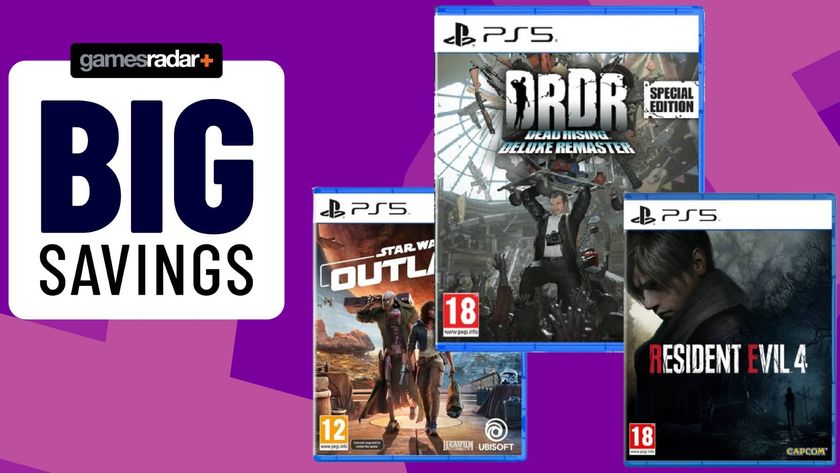 Image of the PS5 box art for games Star Wars Outlaws, Dead Rising Deluxe Remaster and Resident Evil 4 Remake with a purple GamesRadar+ background.