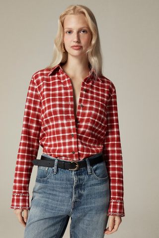 J.Crew Embellished Shrunken Plaid Button-Up Shirt