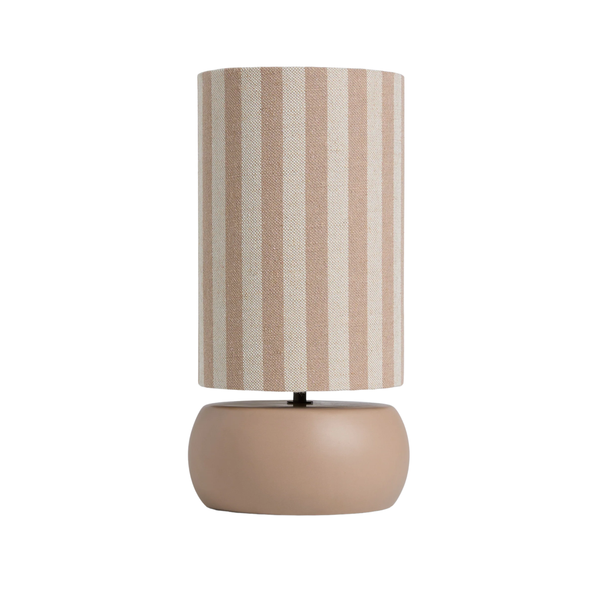 table lamp with long cylindrical shade in pink and white