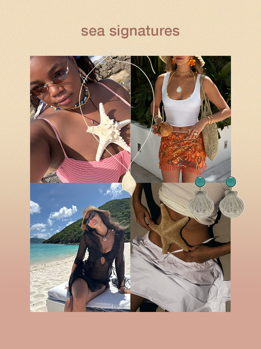 swimsuit trends for 2026: the trend 'sea signatures' with various women posing in bikinis, swimsuit coverups, and other various beach items