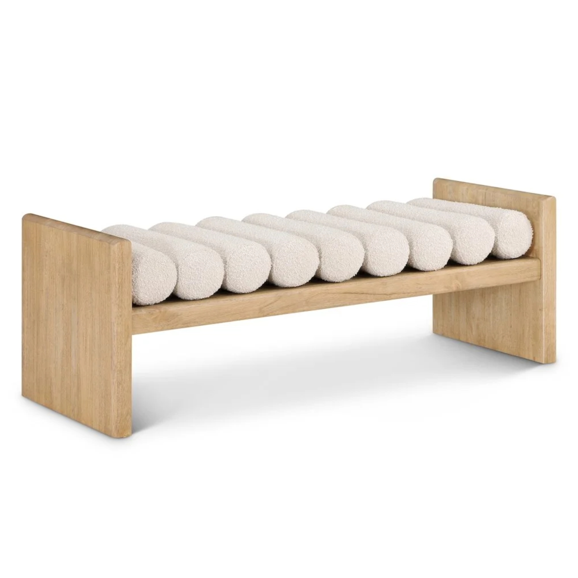 wooden bench with white boucle cushion