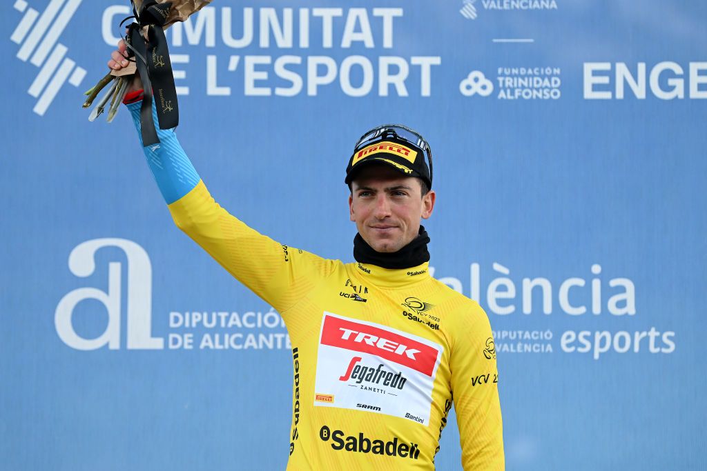 ALTO DE PINOS SPAIN FEBRUARY 02 Giulio Ciccone of Italy and Team Trek Segafredo celebrates at podium as Yellow Leader Jersey winner during the 74th Volta a la Comunitat Valenciana 2023 Stage 2 a 1782km stage from Novelda to Alto de Pinos 621m VCV2023 VoltaValenciana on February 02 2023 in Alto de Pinos Spain Photo by Dario BelingheriGetty Images